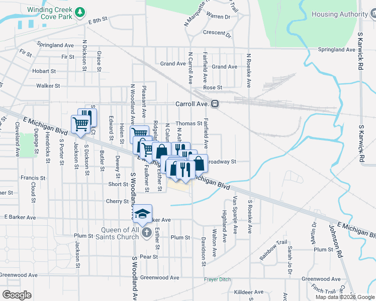 map of restaurants, bars, coffee shops, grocery stores, and more near 231 North Carroll Avenue in Michigan City