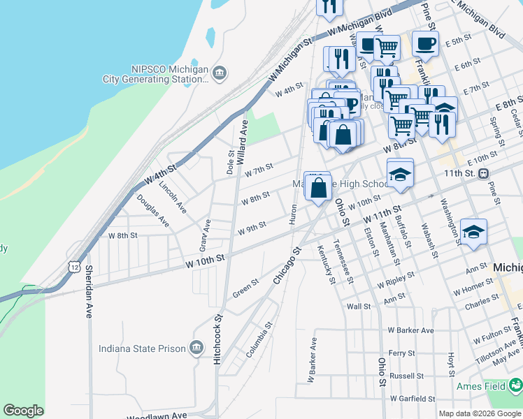 map of restaurants, bars, coffee shops, grocery stores, and more near 1002 West 8th Street in Michigan City