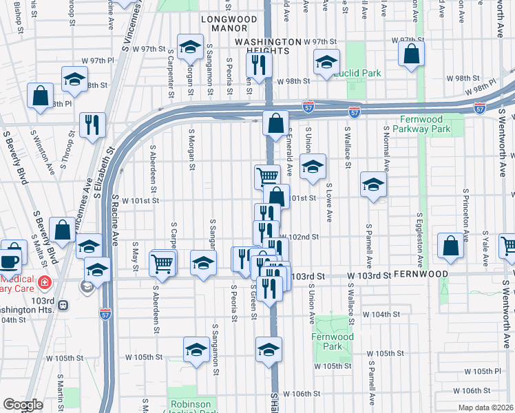map of restaurants, bars, coffee shops, grocery stores, and more near 10100 South Halsted Street in Chicago