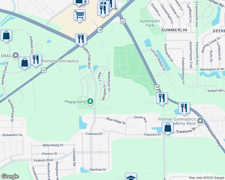 map of restaurants, bars, coffee shops, grocery stores, and more near 97 Waterbury Circle in Oswego