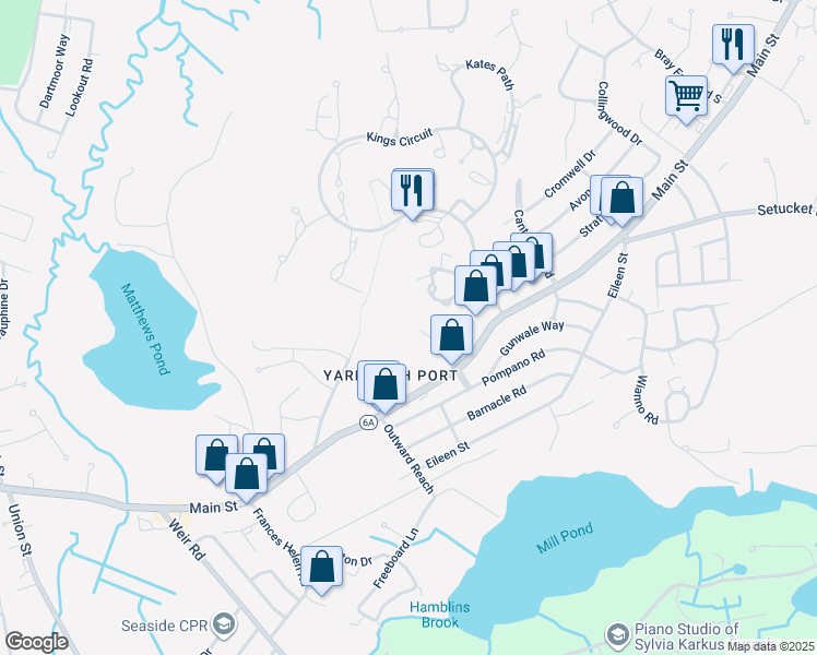 map of restaurants, bars, coffee shops, grocery stores, and more near 35 Manchester Road in Yarmouth