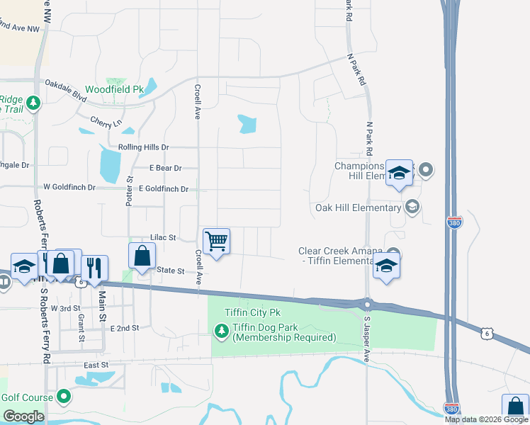 map of restaurants, bars, coffee shops, grocery stores, and more near East Goldfinch Drive in Tiffin