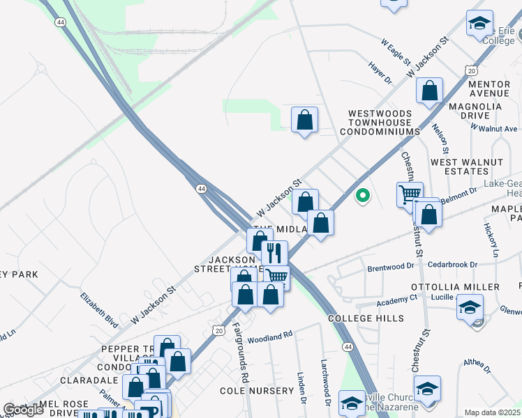 map of restaurants, bars, coffee shops, grocery stores, and more near 1090 West Jackson Street in Painesville