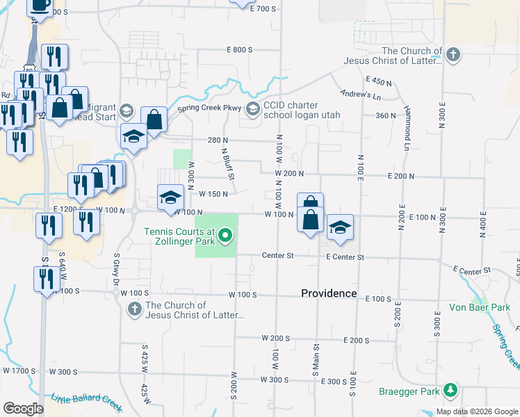 map of restaurants, bars, coffee shops, grocery stores, and more near 143 West 100 North in Providence