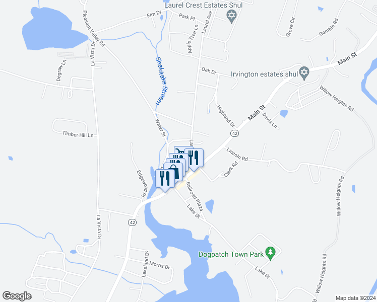 map of restaurants, bars, coffee shops, grocery stores, and more near 13 Laurel Avenue in South Fallsburg