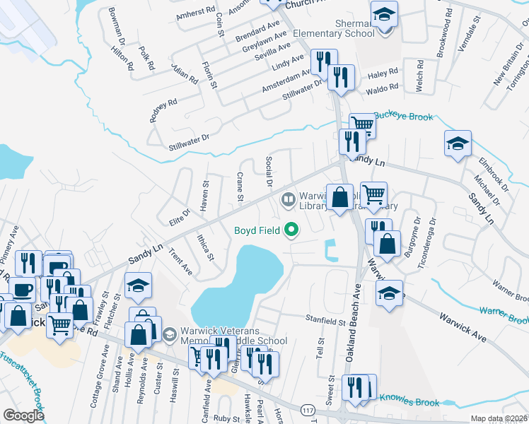 map of restaurants, bars, coffee shops, grocery stores, and more near 654 Sandy Lane in Warwick