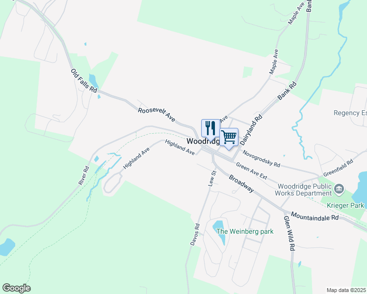 map of restaurants, bars, coffee shops, grocery stores, and more near 50 Highland Avenue in Woodridge