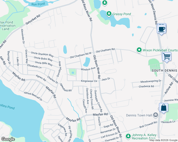 map of restaurants, bars, coffee shops, grocery stores, and more near 21 Windsor Avenue in Dennis