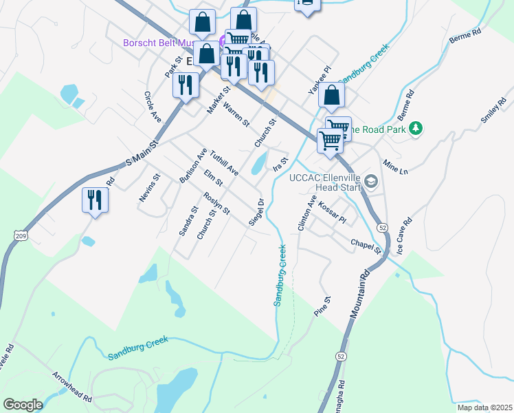map of restaurants, bars, coffee shops, grocery stores, and more near 49 Elm Street in Ellenville