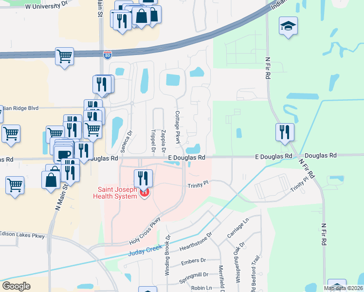 map of restaurants, bars, coffee shops, grocery stores, and more near 5510 Getty Court in Granger