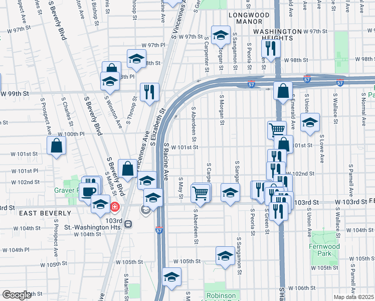map of restaurants, bars, coffee shops, grocery stores, and more near 1111 West 101st Street in Chicago