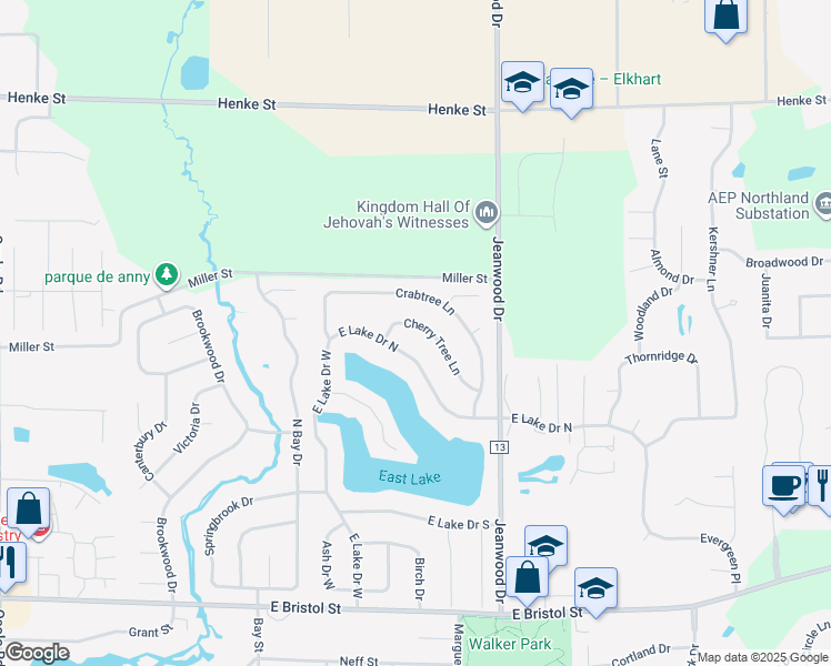map of restaurants, bars, coffee shops, grocery stores, and more near 3115 Cherry Tree Lane in Elkhart