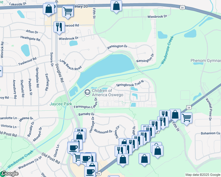 map of restaurants, bars, coffee shops, grocery stores, and more near 641 Springbrook Trail North in Oswego