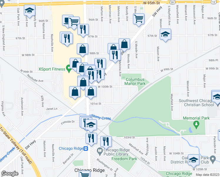 map of restaurants, bars, coffee shops, grocery stores, and more near 10002 Merrimac Avenue in Oak Lawn