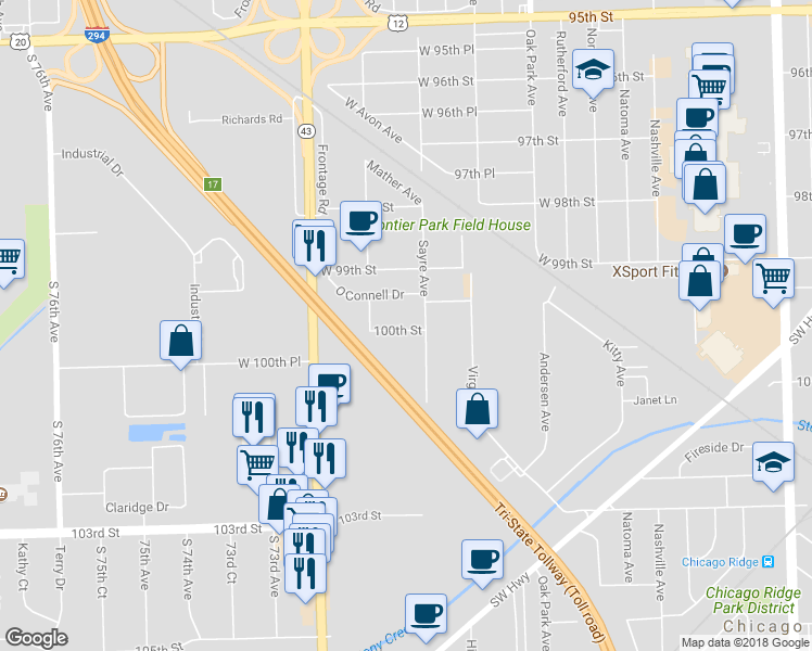 map of restaurants, bars, coffee shops, grocery stores, and more near 7030 100th Street in Chicago Ridge