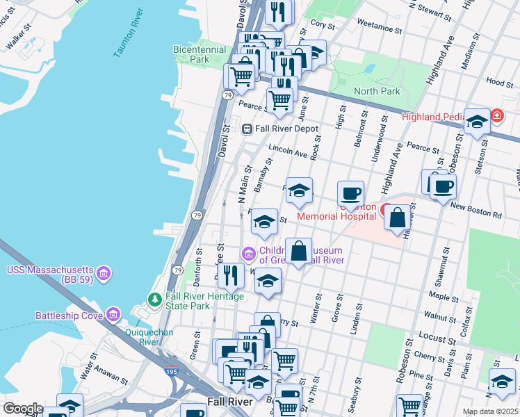 map of restaurants, bars, coffee shops, grocery stores, and more near 16 Barnaby Street in Fall River