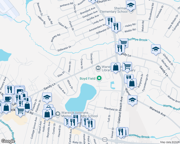 map of restaurants, bars, coffee shops, grocery stores, and more near 654 Sandy Lane in Warwick