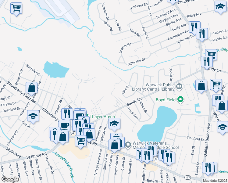 map of restaurants, bars, coffee shops, grocery stores, and more near 807 Sandy Lane in Warwick