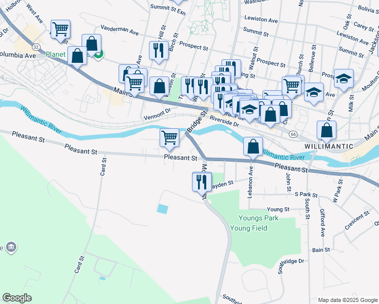 map of restaurants, bars, coffee shops, grocery stores, and more near 116 Bridge Street in Windham