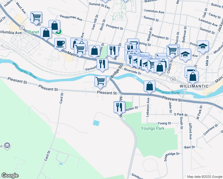 map of restaurants, bars, coffee shops, grocery stores, and more near 116 Bridge Street in Windham