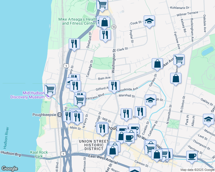 map of restaurants, bars, coffee shops, grocery stores, and more near 60 Gifford Avenue in Poughkeepsie