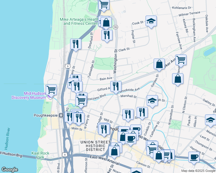 map of restaurants, bars, coffee shops, grocery stores, and more near 60 Gifford Avenue in Poughkeepsie
