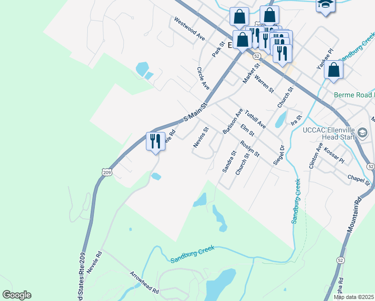 map of restaurants, bars, coffee shops, grocery stores, and more near 19 Nevins Street in Ellenville