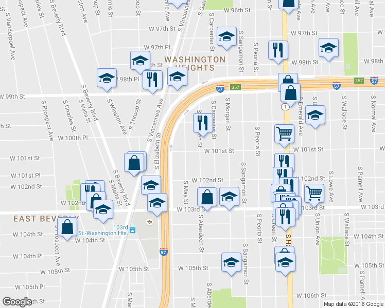 map of restaurants, bars, coffee shops, grocery stores, and more near 1111 West 101st Street in Chicago
