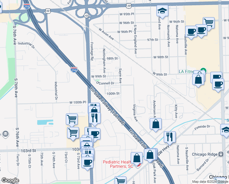 map of restaurants, bars, coffee shops, grocery stores, and more near 7030 100th Street in Chicago Ridge