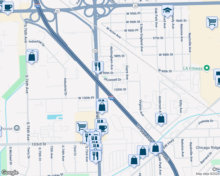 map of restaurants, bars, coffee shops, grocery stores, and more near 9960 Nottingham Avenue in Chicago Ridge