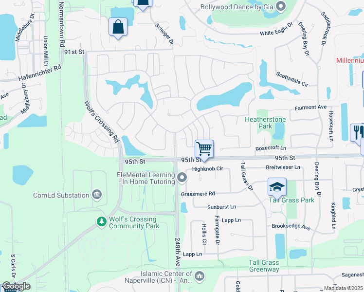 map of restaurants, bars, coffee shops, grocery stores, and more near 2944 Normandy Circle in Naperville