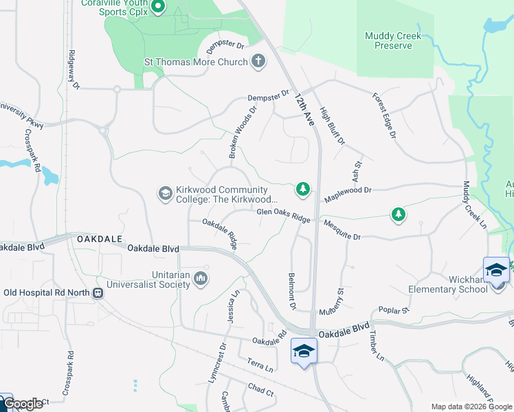 map of restaurants, bars, coffee shops, grocery stores, and more near 2031-2035 Glen Oaks Drive in Coralville