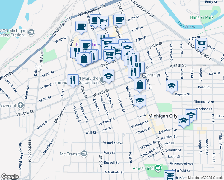 map of restaurants, bars, coffee shops, grocery stores, and more near 308 West 11th Street in Michigan City