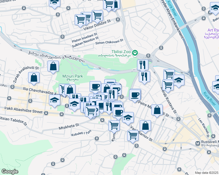 map of restaurants, bars, coffee shops, grocery stores, and more near Ramaz Chkhikvadze Street in Tbilisi