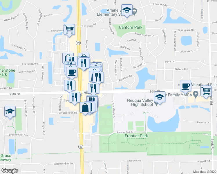 map of restaurants, bars, coffee shops, grocery stores, and more near 2975 Cedar Glade Rd in Naperville