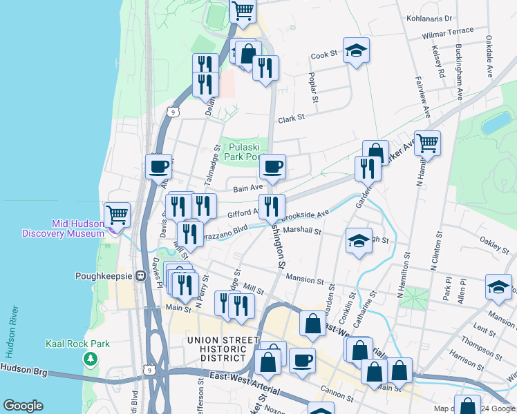 map of restaurants, bars, coffee shops, grocery stores, and more near 60 Gifford Avenue in Poughkeepsie