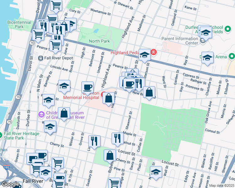 map of restaurants, bars, coffee shops, grocery stores, and more near 123 New Boston Road in Fall River