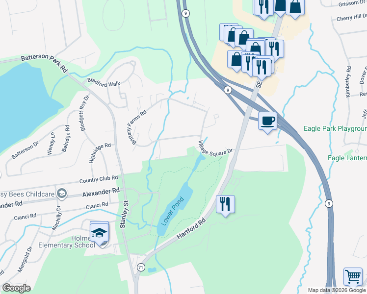 map of restaurants, bars, coffee shops, grocery stores, and more near 44 Brittany Farms Road in New Britain