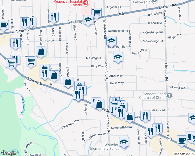 map of restaurants, bars, coffee shops, grocery stores, and more near 5133 Arbor Way in Sylvania