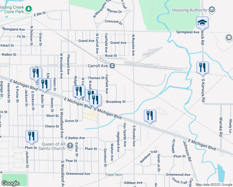 map of restaurants, bars, coffee shops, grocery stores, and more near 200-398 Gladys St in Michigan City