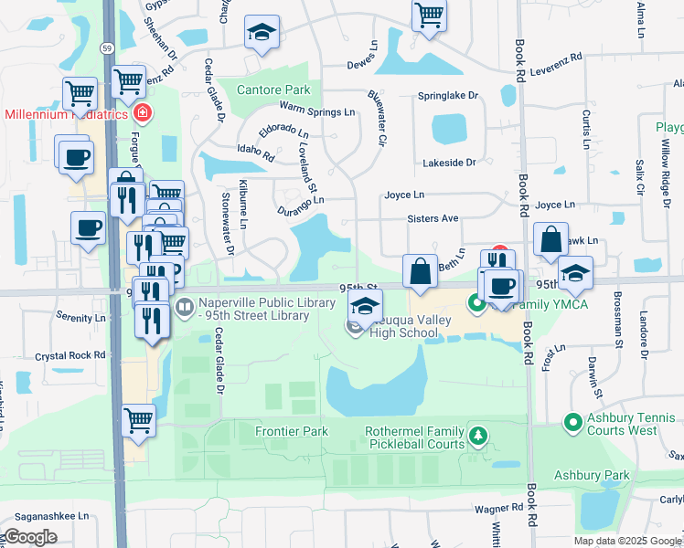 map of restaurants, bars, coffee shops, grocery stores, and more near 2412 Woodlake Court in Naperville