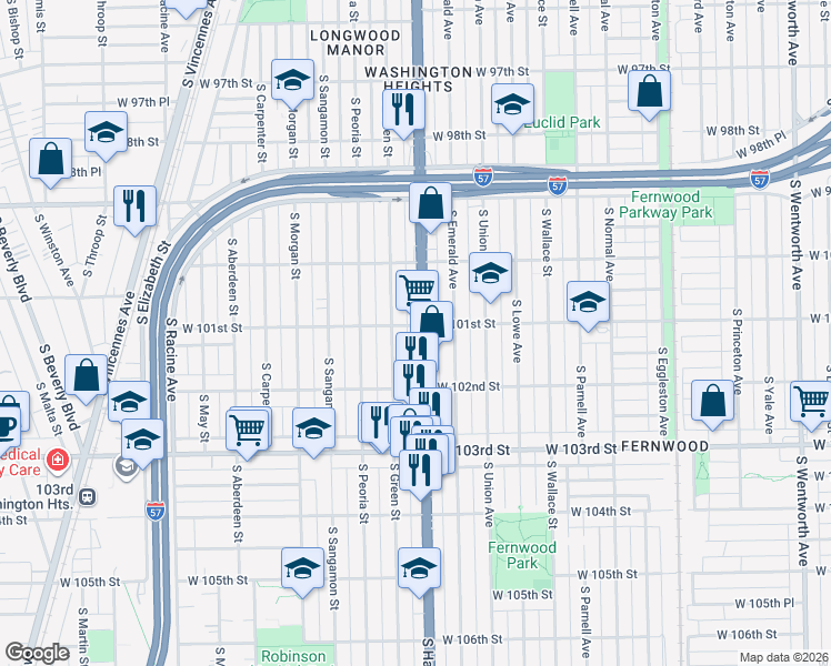 map of restaurants, bars, coffee shops, grocery stores, and more near 10100 South Halsted Street in Chicago