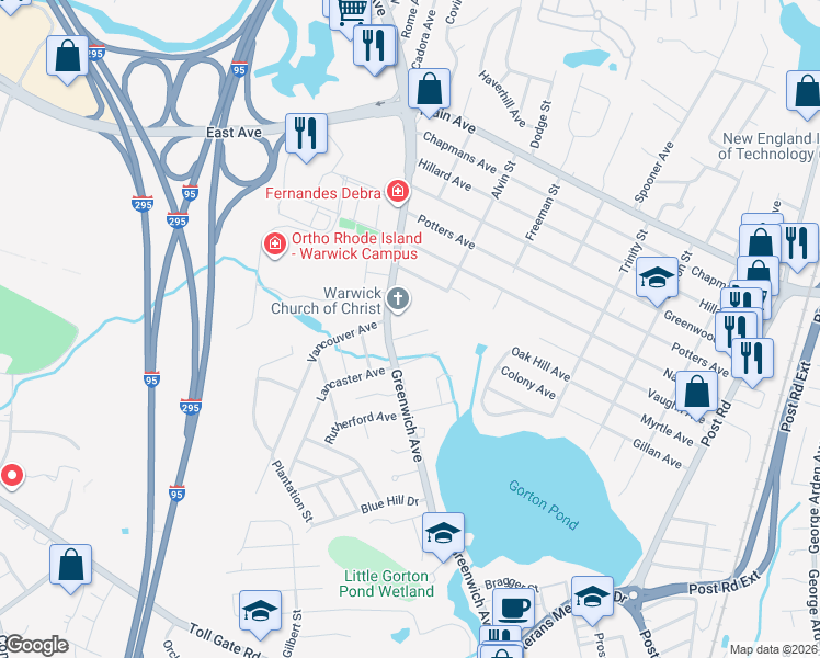 map of restaurants, bars, coffee shops, grocery stores, and more near 225 Alvin Street in Warwick