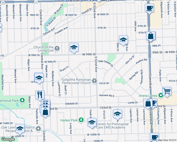 map of restaurants, bars, coffee shops, grocery stores, and more near 9946 Cook Avenue in Oak Lawn
