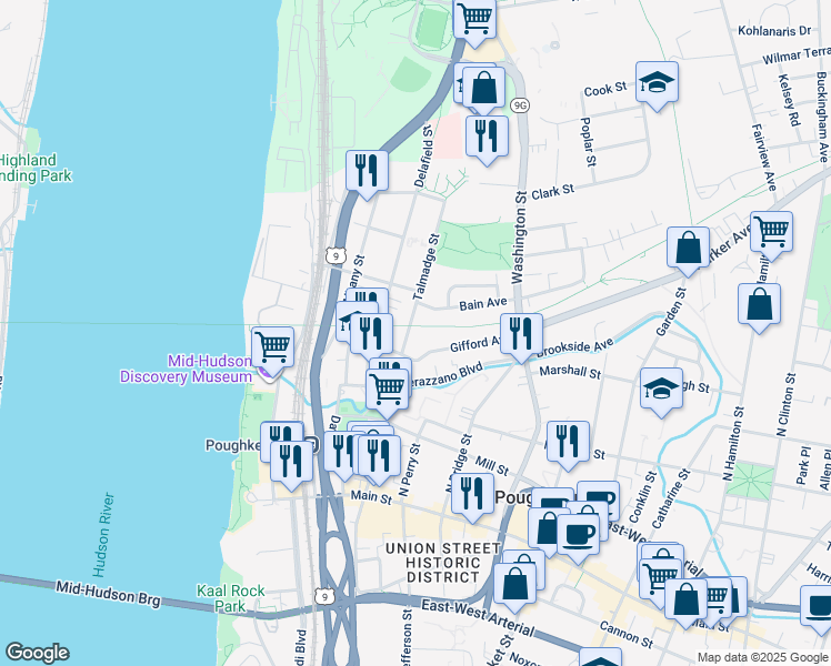 map of restaurants, bars, coffee shops, grocery stores, and more near 22 Talmadge Street in Poughkeepsie