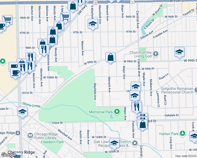 map of restaurants, bars, coffee shops, grocery stores, and more near 5833 West 100th Street in Oak Lawn