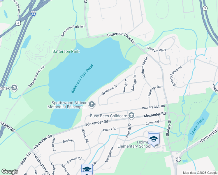 map of restaurants, bars, coffee shops, grocery stores, and more near 115 Batterson Drive in New Britain