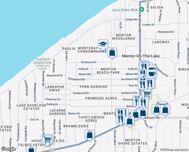 map of restaurants, bars, coffee shops, grocery stores, and more near 7582 Miami Road in Mentor-on-the-Lake