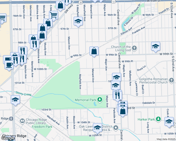map of restaurants, bars, coffee shops, grocery stores, and more near 5833 100th Street in Oak Lawn