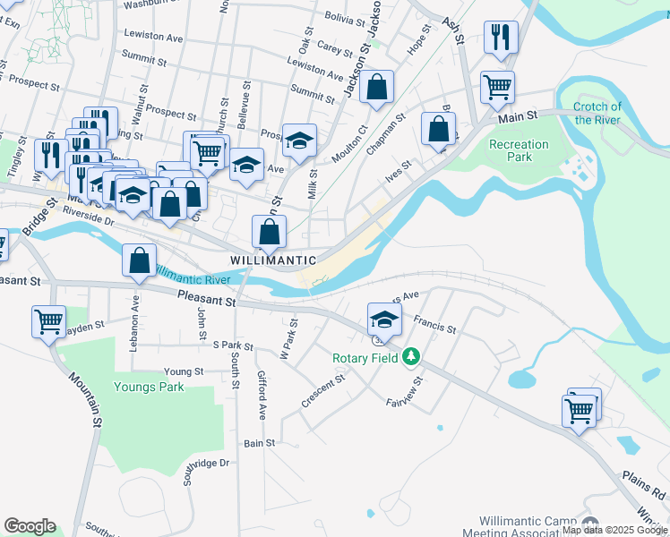 map of restaurants, bars, coffee shops, grocery stores, and more near 322 Main Street in Windham
